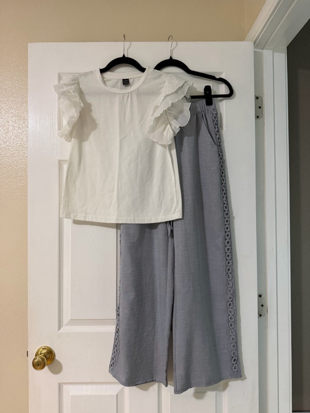 White Ruffle Sleeve Top with Light Gray Wide-Leg Pants